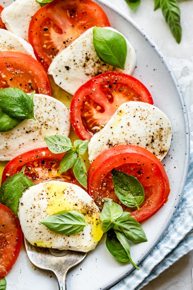 Close up shot of serving caprese salad