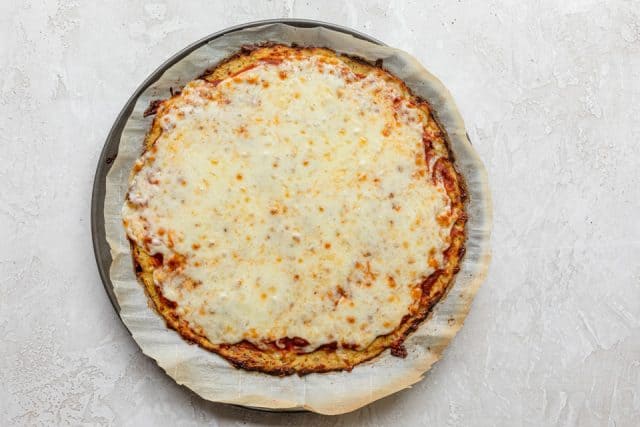 Cauliflower pizza crust when it comes out of the oven