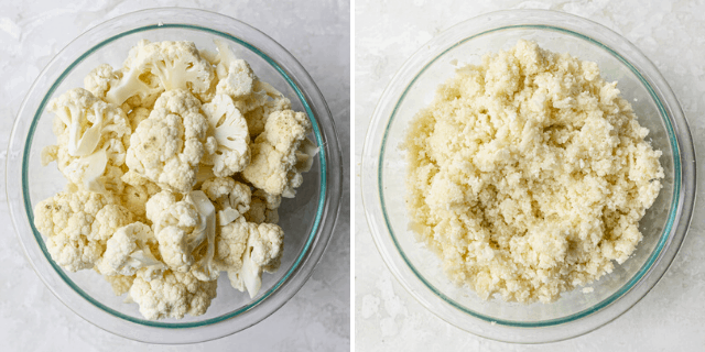 Process shots showing cauliflower cut into florets and then grated
