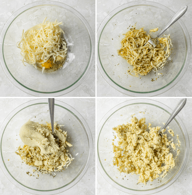 Process shots showing the mixture to make the crust starting with eggs, cheese and herbs and adding the cooked dried cauliflower