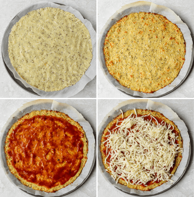 Process shots showing how the crust looks before cooking, and then after cooking, after adding marinara and after adding cheese