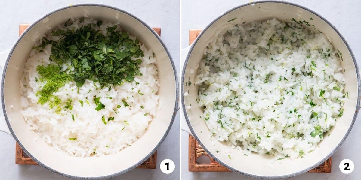 2 image collage to show how to make the cilantro lime rice