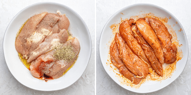 Chicken tenders with the marinade before and after mixing
