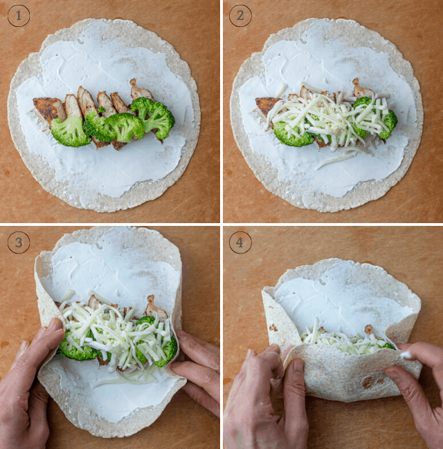 Step-by-step shots of making the broccoli wrap