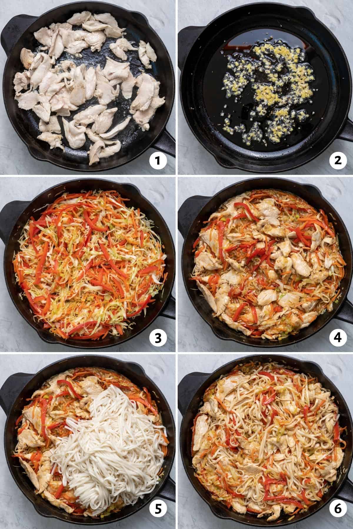 6 image collage to show how to make the lo mein recipe in a cast iron skillet, starting with the chicken, the the garlic and ginger, the vegetables, noodles and then tossing it all together