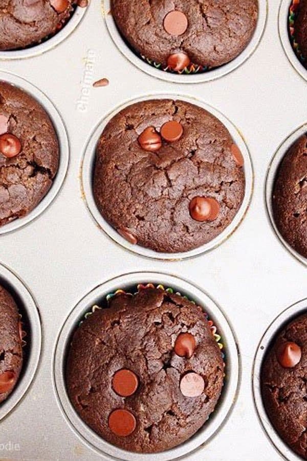 Double cocolate chip muffins a tin