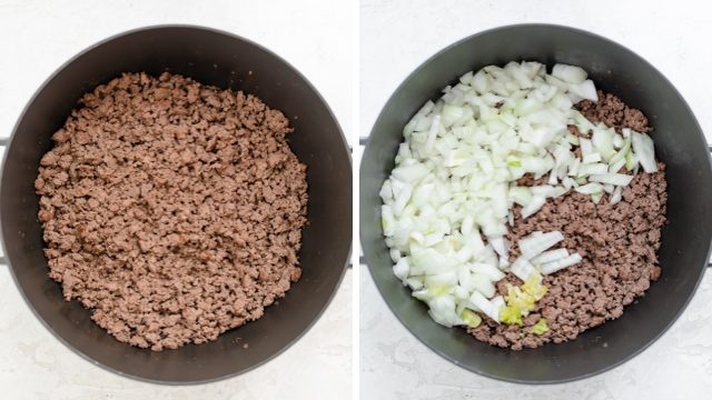 Collage of pot with ground beef and then onions getting added