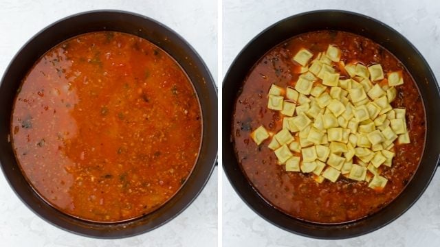 Collage of the ravioli soup once it simmered and then mini ravioli getting added on top