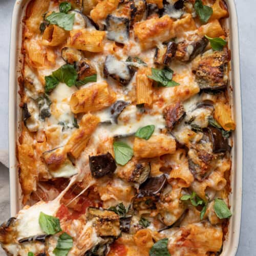 Vegetarian Eggplant Pasta Casserole in a white baking dish