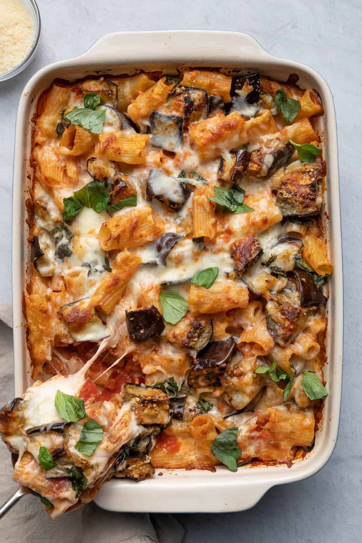 Vegetarian Eggplant Pasta Casserole in a white baking dish