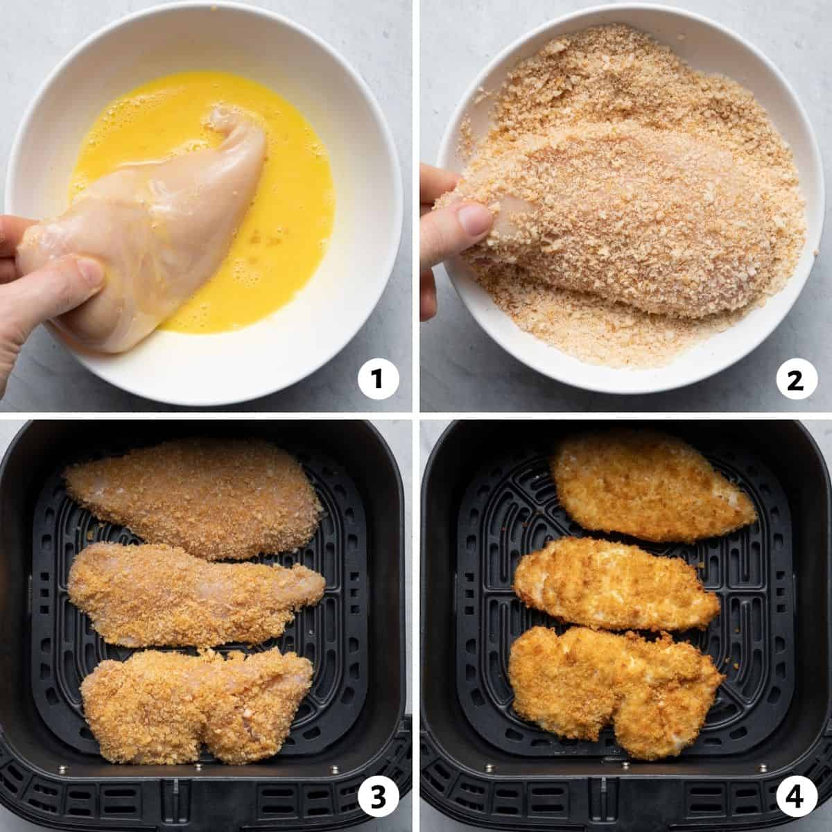 4 image collage to show how to bread the chicken and then air fry