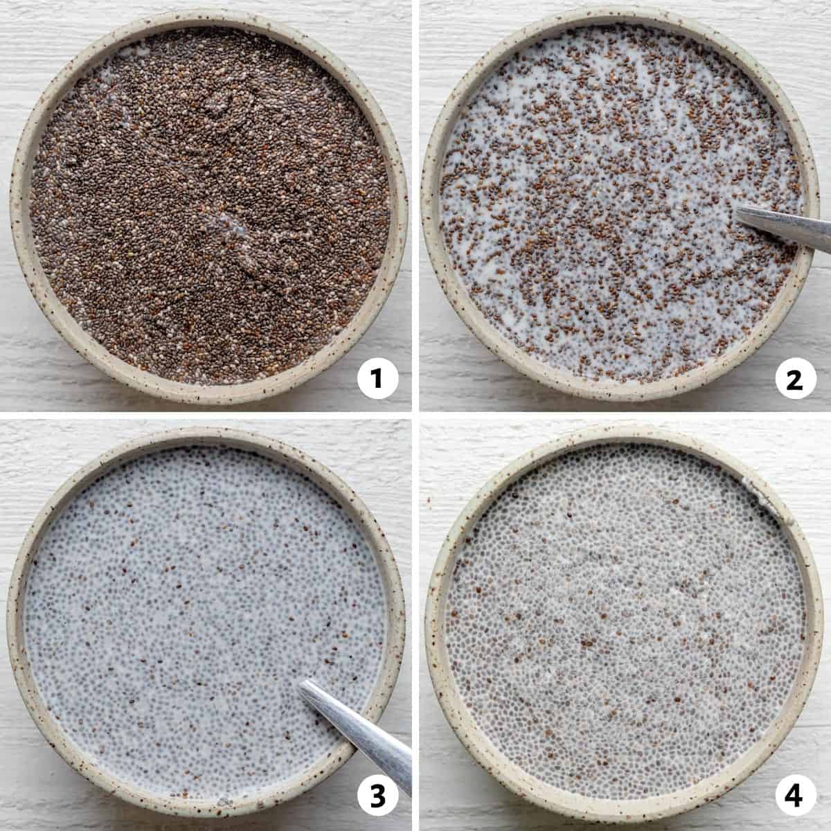 Four image collage for how to make chia pudding