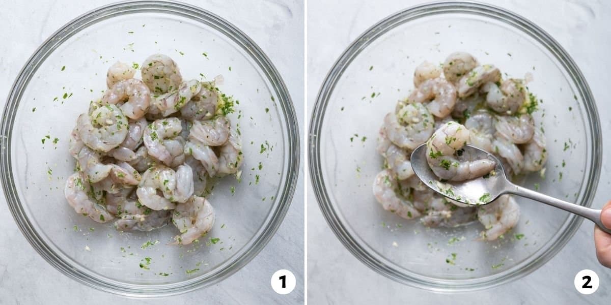 2 image collage showing the shrimp marinade before and after marinating