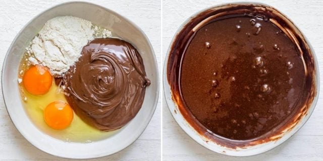 Collage of two images showing the ingredients for the mug cake before and after mixing