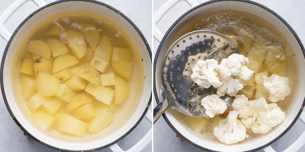 2 image collage to show cooking the potatoes and the cauliflower in a large pot