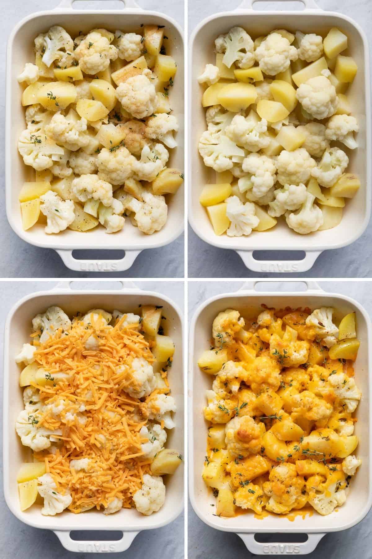 4 image collage to show how to layer and cook the potatoes and cauliflower in a baking dish