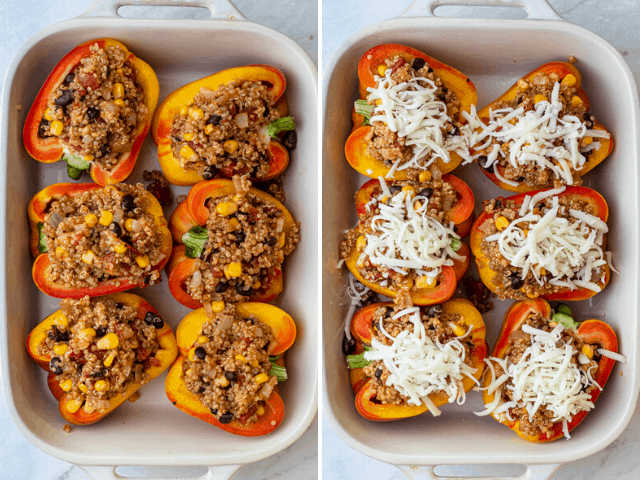 Process shots to show stuffing the peppers with the mixture and adding cheese on top