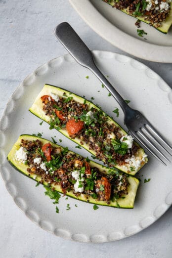 Quinoa Stuffed Zucchini Boats {Vegetarian Recipe} - Feel Good Foodie