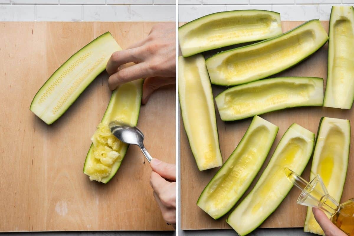 2 image collage showing how to scoop the zucchini interior and then adding olive oil to the zucchini