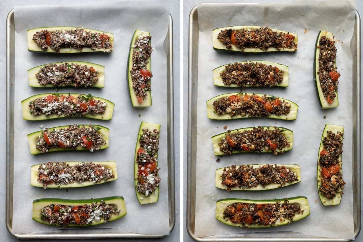 2 image collage to show the quinoa stuffed zucchini boats before and after cooking