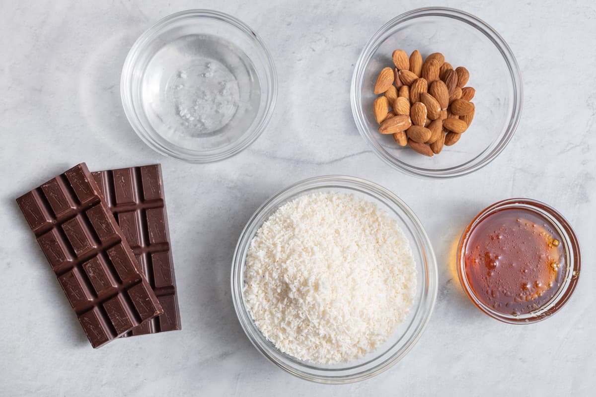 5 ingredients shown that are needed to make the almond joy bars