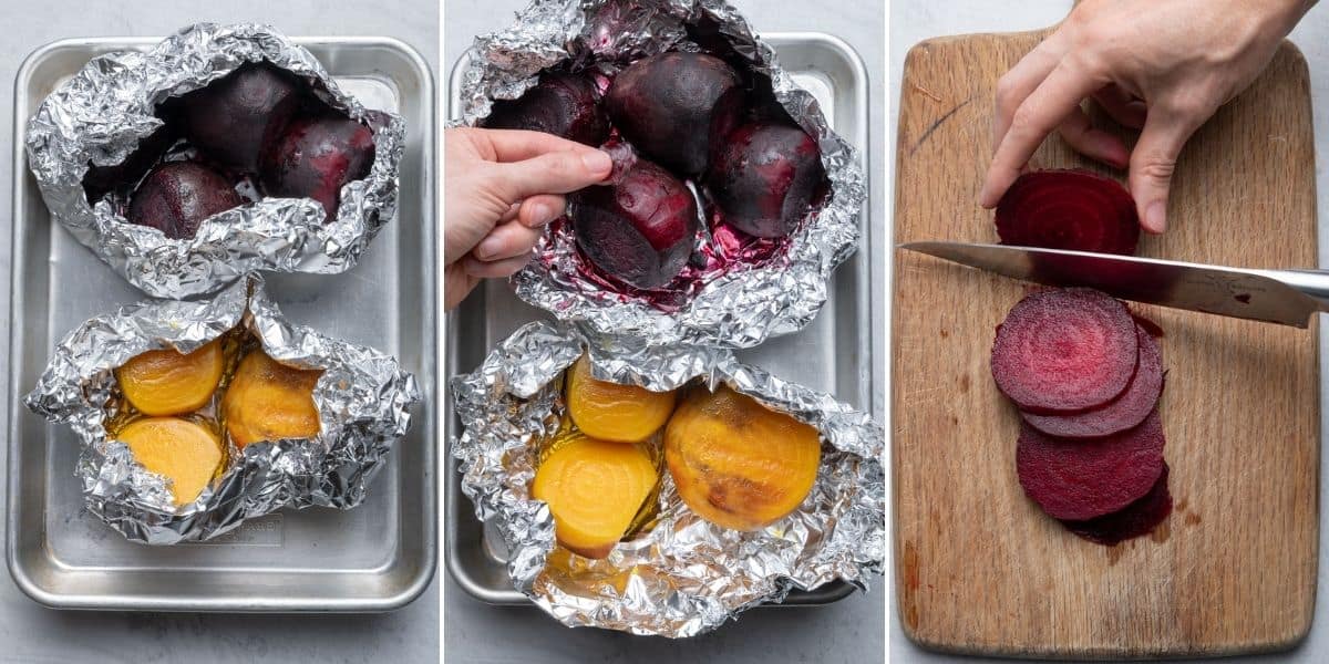 3 image collage to show how to roast the beets, peel them and then slice them