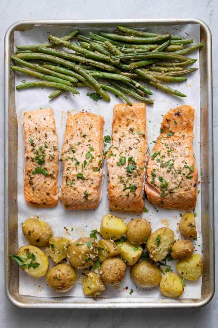 Sheet Pan Lemon Garlic Parmesan Salmon - healthy family weeknight dinner baked to perfection in one pan with green beans and potatoes