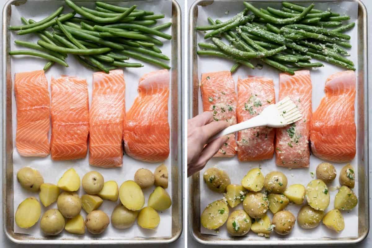 2 image collage to show how to arrange the salmon on the baking sheet and then add the sauce