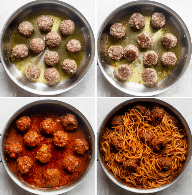 Process shots to show cooking the meatballs followed by adding the sauce and adding the pasta
