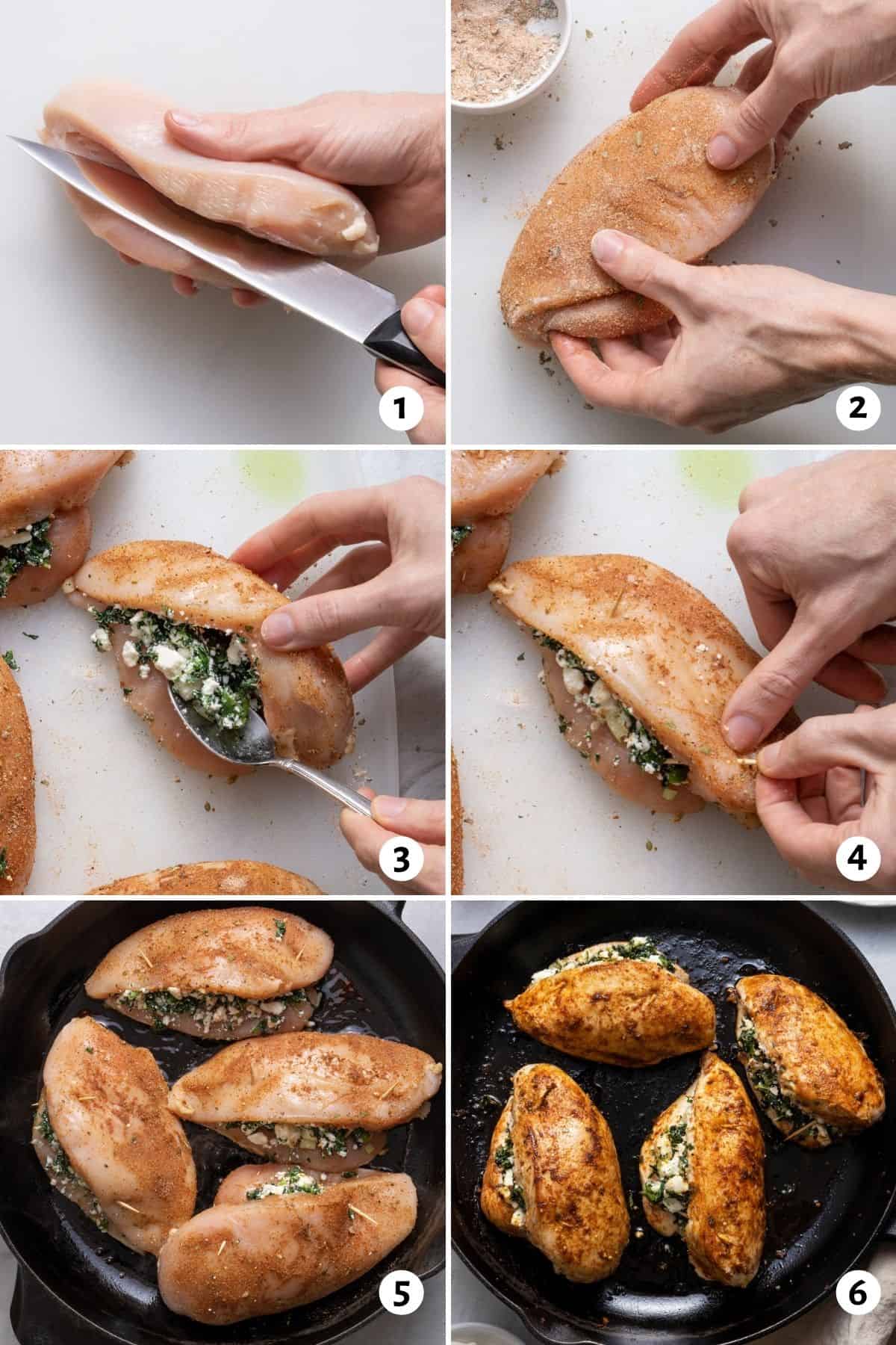 6 image collage to show how to cut the chicken, season, stuff and seal along with cooking it in cast iron skillet in oven