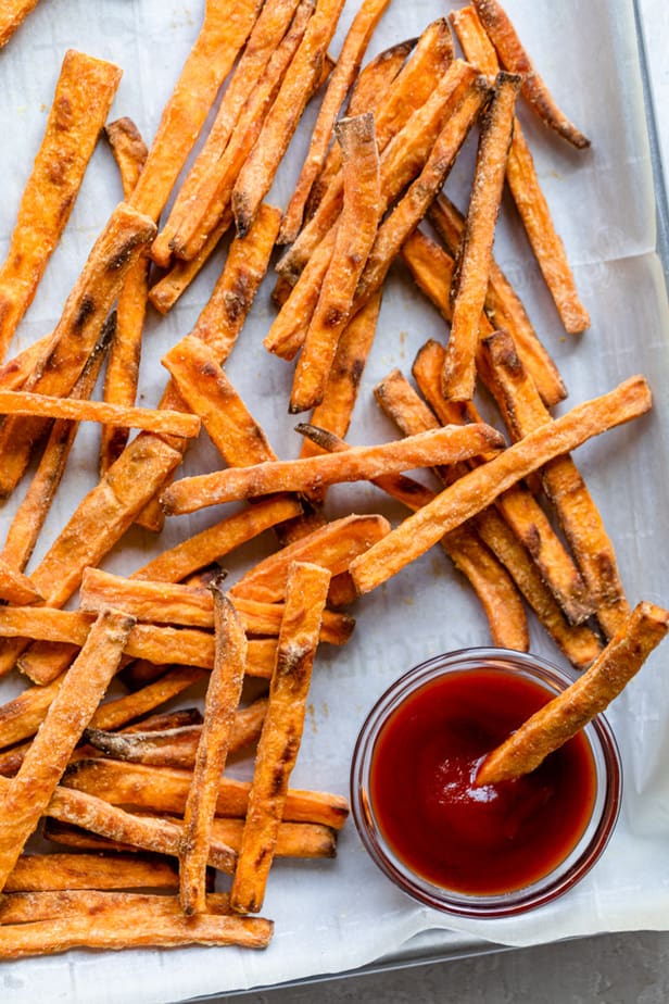 Close up of the baked fries served with ketchup