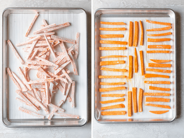 The sweet potato fries on a baking sheet before being cooked