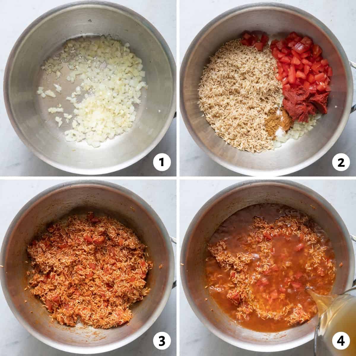 4 image collage to show how to cook the rice in one pot, starting with the onions, then rice and tomato paste and broth