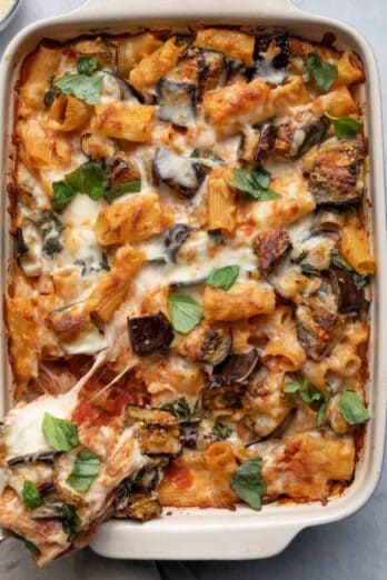 Vegetarian Eggplant Pasta Casserole in a white baking dish