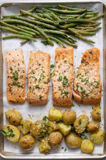 Sheet Pan Lemon Garlic Parmesan Salmon - healthy family weeknight dinner baked to perfection in one pan with green beans and potatoes