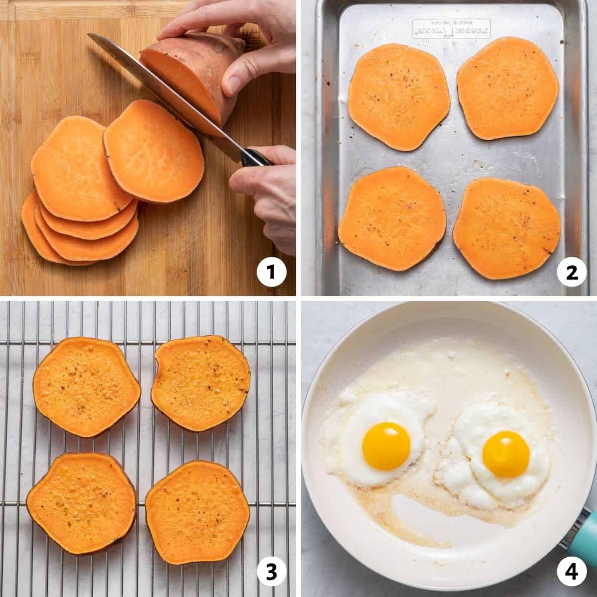 4 image collage to show how to slice the sweet potatoes, toast them, set on wire rack and then fry the eggs