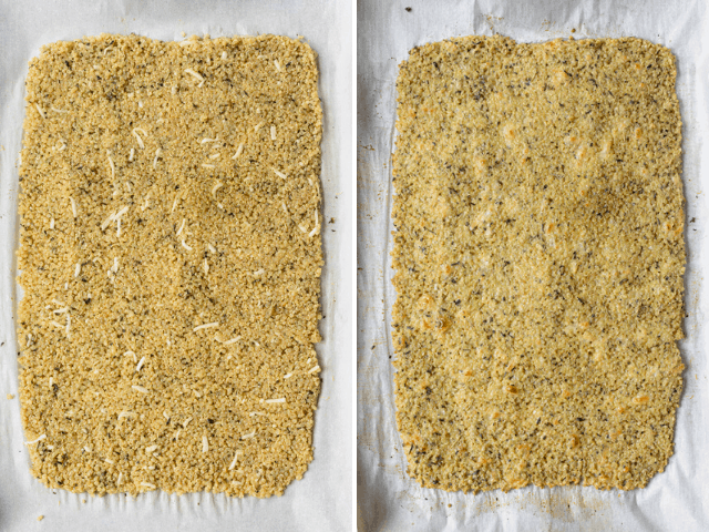 Process shots showing the mixture formed into a rectangular shape before baking and after baking