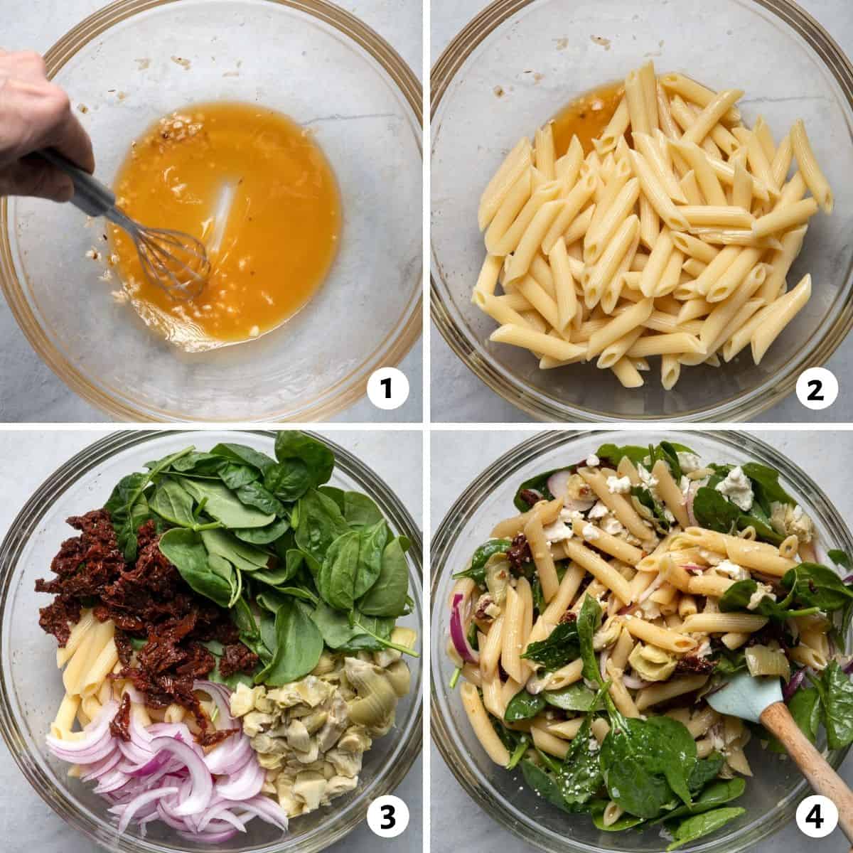 4 image collage to show how to make the pasta salad