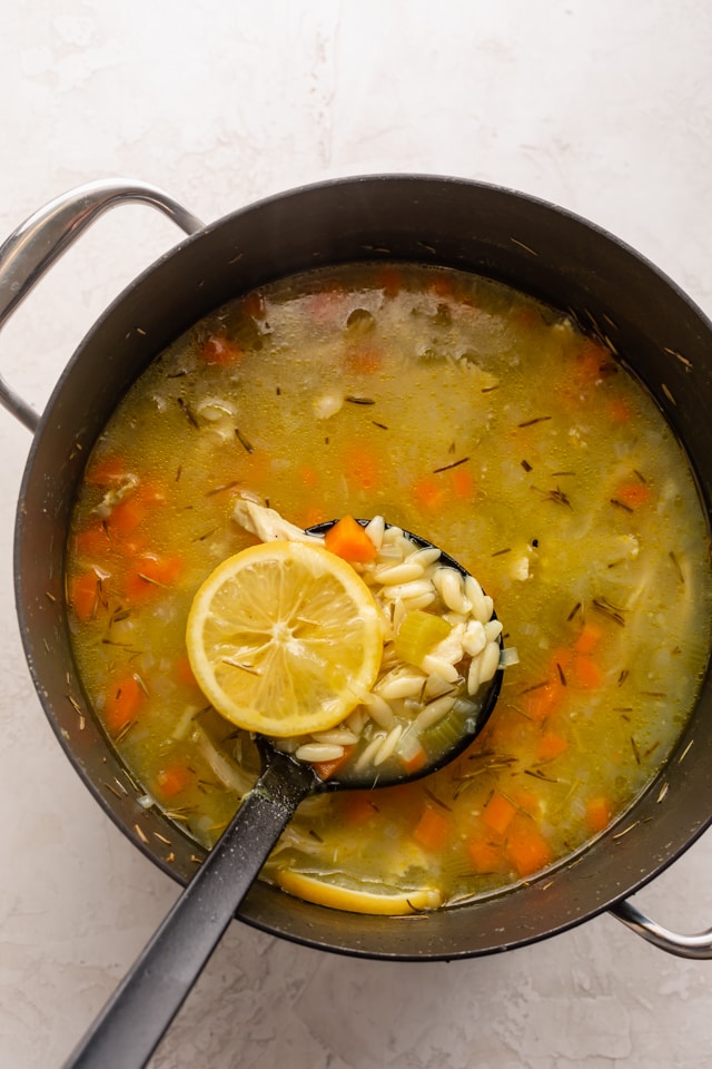 Final pot of chicken lemon orzo soup