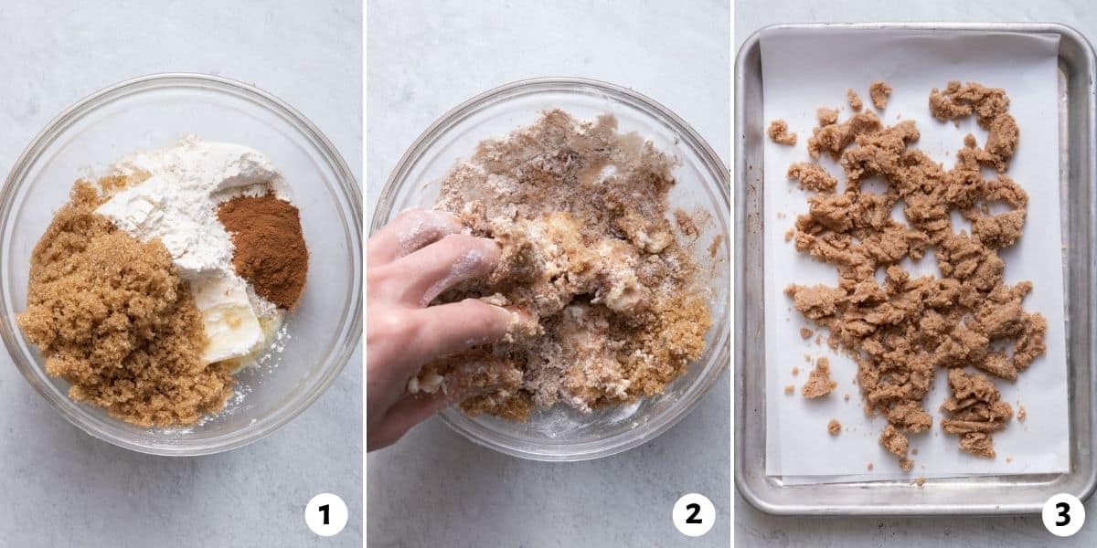 3 image collage to show how to make streusel and then resting the streusel on a pan in the