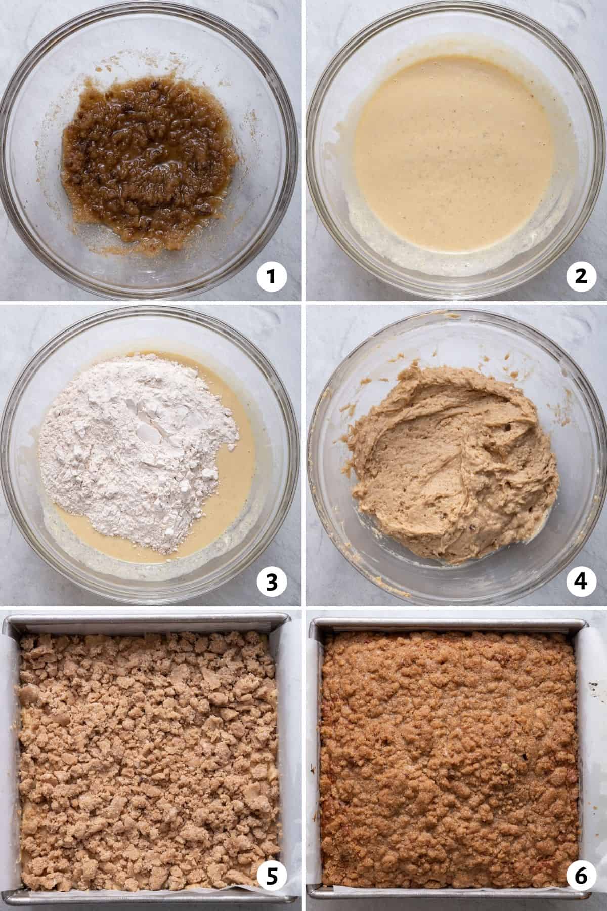 6 image collage to show how to make the cake batter and then adding the cake batter and streusel to a pan and what it looks like after baking