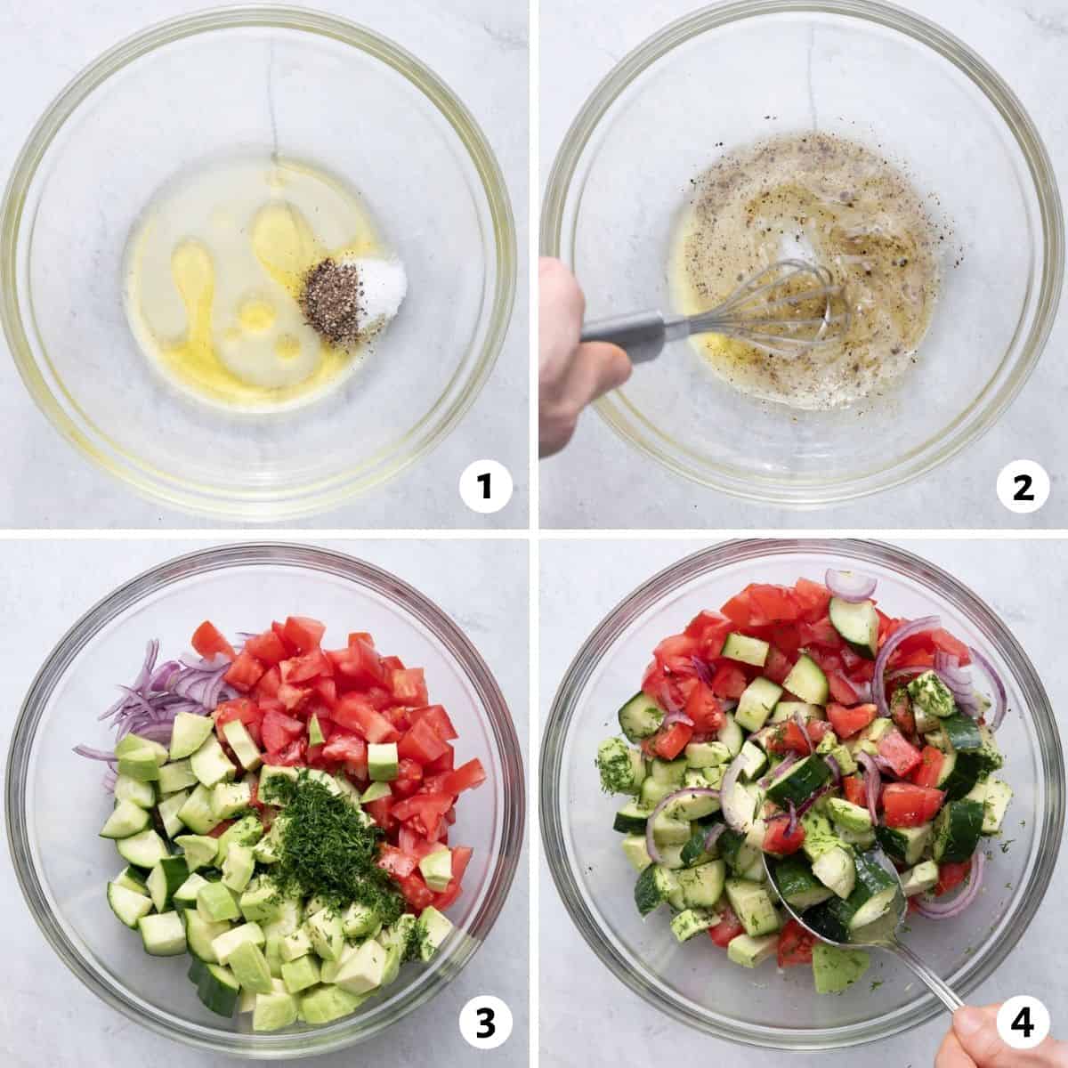4 image collage to show how to make the dressing in a large bowl, then add the vegetables and toss