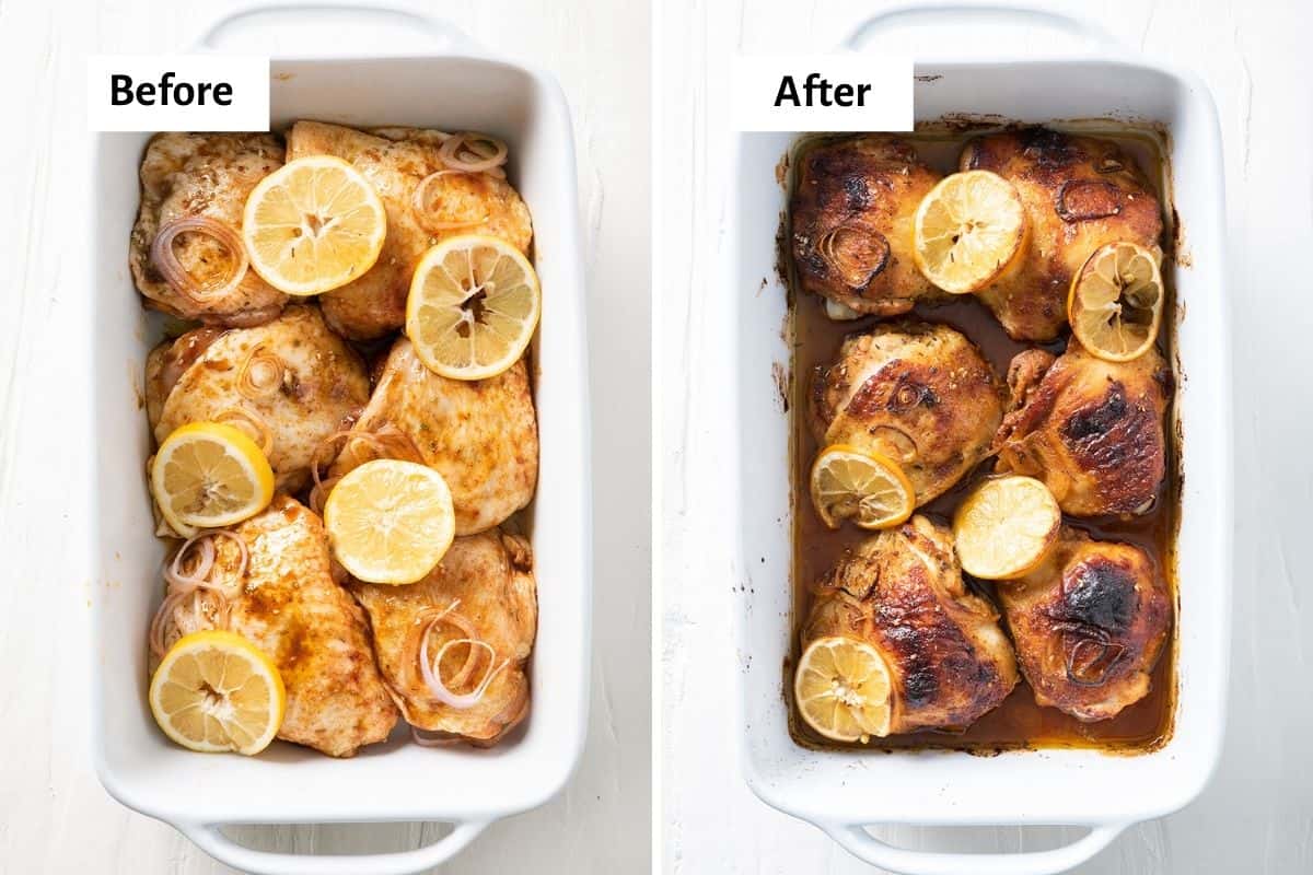 2 image collage to show the chicken on a baking dish before and after cooking