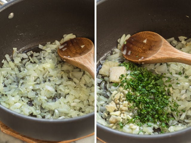 Collage of two images showing onions and garlic getting sauteed on left and adding cilantro on the right