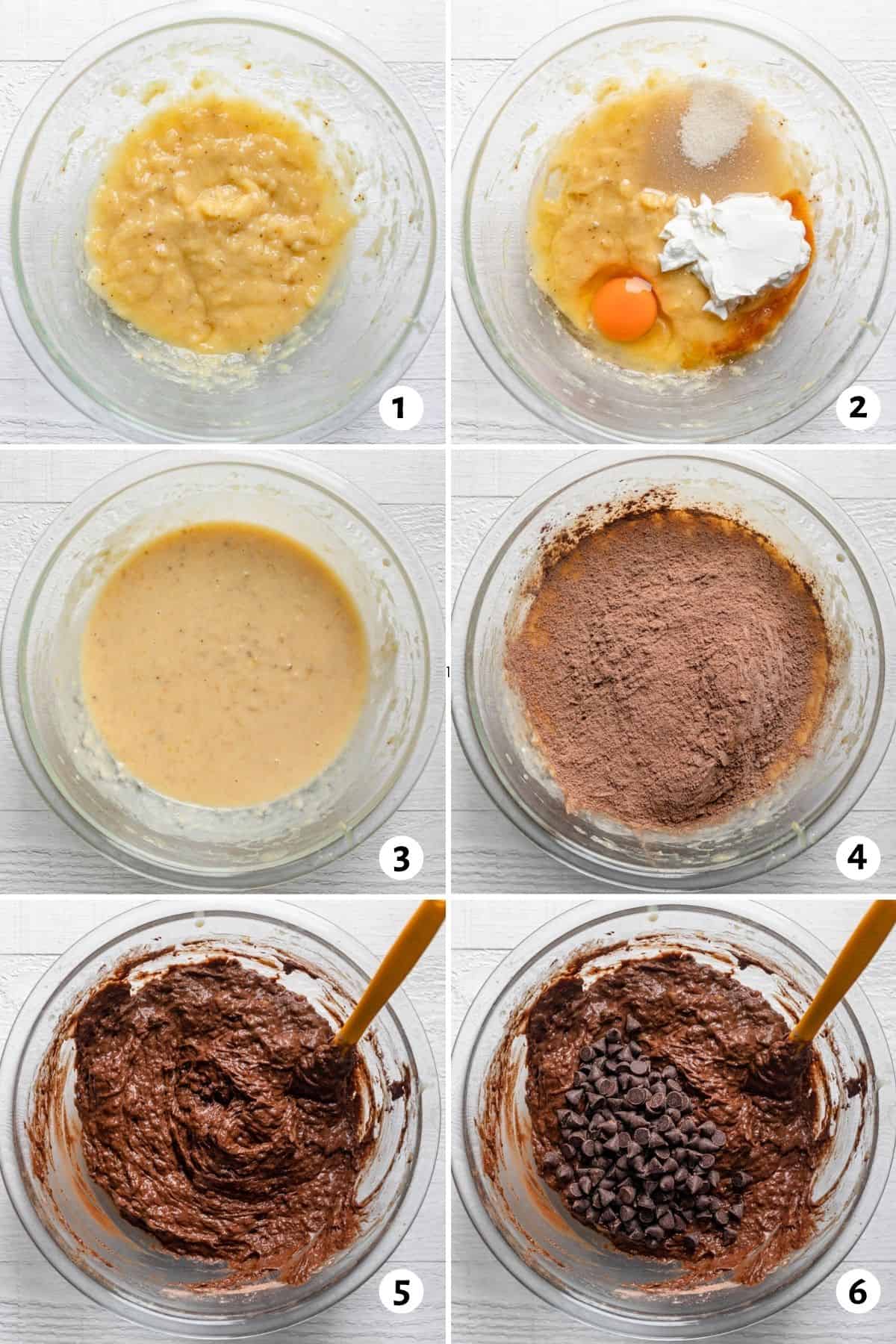 Steps for mixing the batter starting with the wet ingredients, then adding dry ingredients and chocolate chips