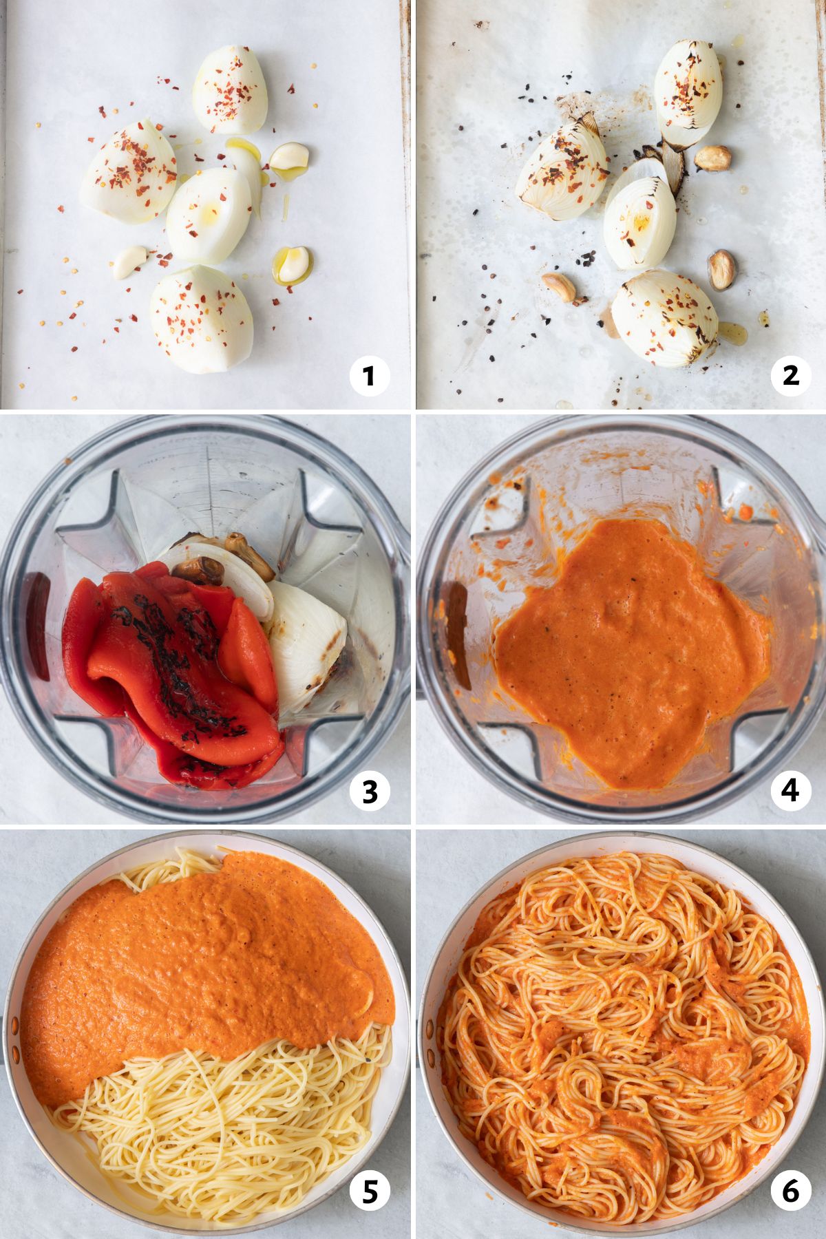 6 image collage on how to make pasta sauce by roasting onions and garlic, blending them in a blender with roasted red peppers, and then mixing the sauce with cooked noodles in a skillet.