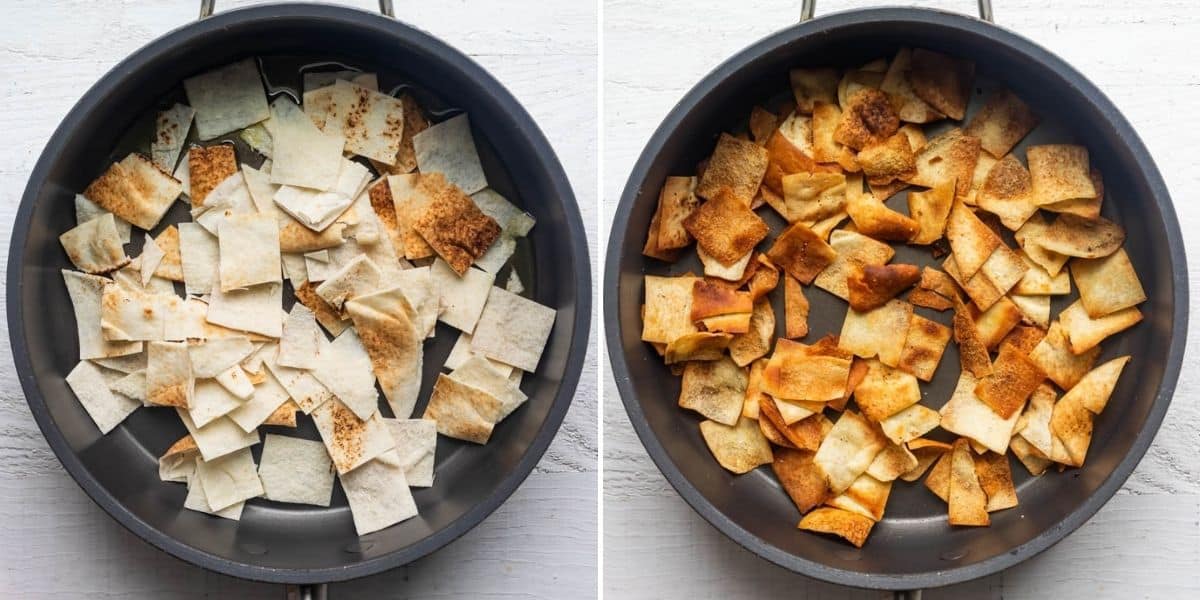 Two image collage to show the pita bread in a pan before and after frying