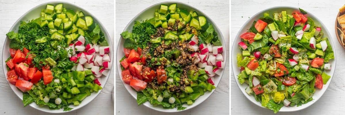 3 image collage to show the salad ingredients, then with the dressing on top, then tossed