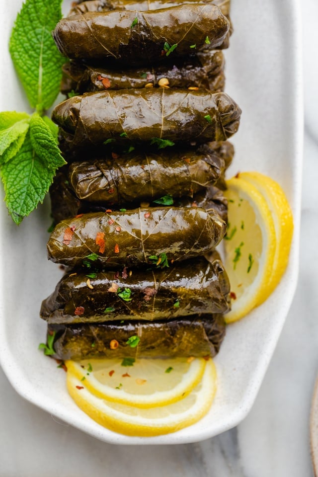 Close up of Lebanese stuffed grape leaves - warak enab