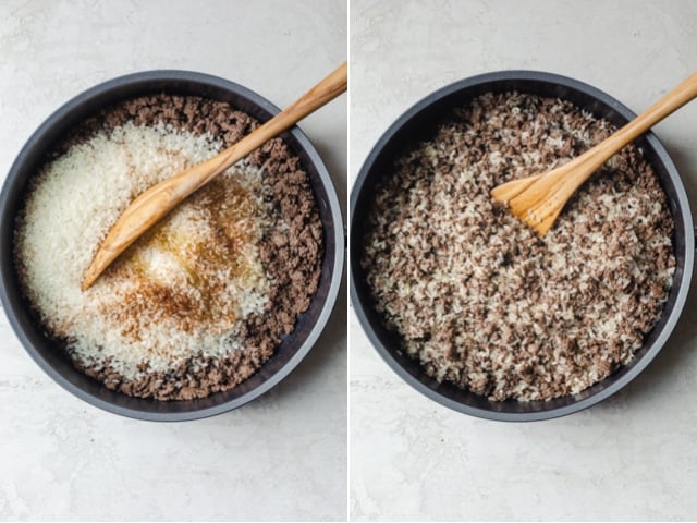 Collage of two images showing the stuffing before and after getting mixed